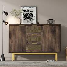 Sideboard Made Of Metal And Wood, Vintage Retro Design, 3 Drawers, 2 Doors, Adjustable Shelf, Dark Brown, 120x40x76 Cm