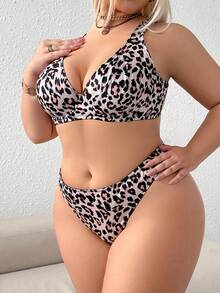 1 Set Women Plus Size Solid & Leopard Print Wireless Comfortable Lingerie Set - Multicolor - View 5