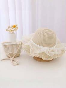 2pcs Set Summer Thin Breathable Straw Hat/1pc Hat + 1pc Bag, Adorable Princess Style Mesh Decor Beach Hat - A - View 5
