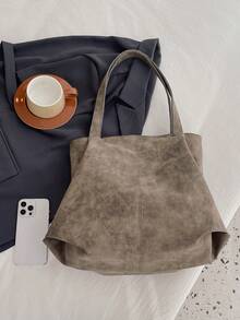 大容量手提包，复古仿皮手提包，带前置口袋，适合工作和旅行 - 卡其色 - 查看 10