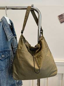 A Simple Bucket Shaped Crossbody Bag With Adjustable Shoulder Straps, Drawstring Closure, Special Nylon Material, Lightweight, Thin, Breathable Fabric, Solid Color, Suitable For Both Men And Women's Daytime Travel And Commuting