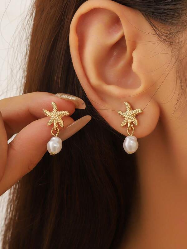 1 Pair Asymmetrical Metal Sea Star & Faux Pearl Tassel Earrings, European & American Summer Style, Suitable For Daily Wear