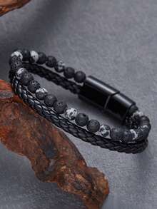 1pc Vintage Leather Tiger Eye Woven Men's Bracelet, European & American Style Tiger Eye, Volcanic Natural Agate Multi-Layer Black Beaded Bracelet - Multicolor - View 9