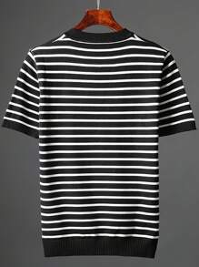Maglietta girocollo a maniche corte a righe orizzontali in bianco e nero, in maglia, comoda e di stile, adatta per uso quotidiano e casual