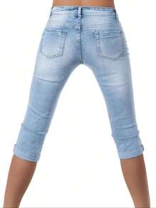 Women's Elegant Casual Ripped Cuffed 7/8 Length Jeans, Suitable For Commuting And Outings In Autumn