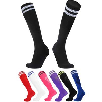 1 Cặp vớ bóng đá mỏng màu trơn và sọc cao đến đầu gối cho trẻ em, phù hợp cho bé trai và bé gái từ 7-12 tuổi mặc hàng ngày