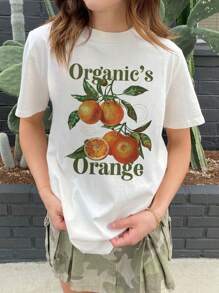 Damen einfaches, lässiges Top mit Früchte- und Buchstabenprint, rundem Ausschnitt und Kurzen Ärmeln, modisch vielseitige Bluse für den Sommer