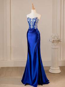 Navy Blue Sleeveless Lace-Patchwork Mermaid Satin Waist-Cinched Slit Maxi Dress, Elegant Evening Gown, Formal, Party Dress, For Wedding Guest - Royal Blue - View 4