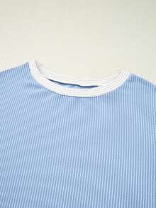 Áo thun nữ tay ngắn cổ tròn phối màu kẻ sọc, kiểu dáng thường ngày, thích hợp cho mùa hè. - Màu xanh nhạt - Xem 3