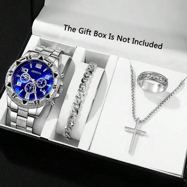 Ensemble de 4 pièces, combinaison de montres à quartz haut de gamme pour hommes de luxe, bracelet en acier inoxydable de style, mouvement à quartz de précision, affichage cadran rond classique et ensemble bracelet, collier, bague mode, cadeau idéal pour les hommes