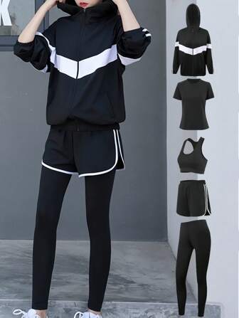 5pcs Women Sports Yoga Set: Yoga Bra, Zipper Hoodie Sweatshirt With Pockets, Breathable Short Sleeve Top, High Waist Leggings, And Pocketed Yoga Shorts, Black & White Minimalist Design
