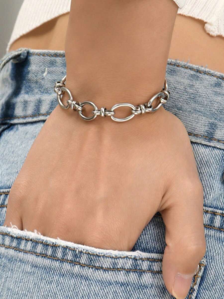 1 pieza Pulsera con eslabones metálicos, apto para uso diario de mujeres - Plateado - Ver 1