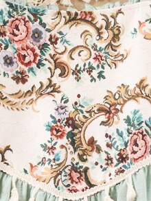 青少年女孩复古花卉印花流苏下摆连衣裙