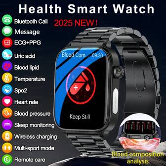 KENPANG 2025 新款男女健康智能手表，1.96 英寸（4.97 厘米）高清全触摸屏，具有无线通话、智能语音助手、心率、血脂、尿酸、ECG+PPG、女性经期健康追踪器和 24 小时健康监测智能手环，适用于 Android 和 iOS。