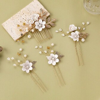 4pcs/Set Gold Metal Leaf & Fabric Flower Hair Accessory Set For Women, Includes Pearl & Rhinestone Hair Pins, Bridal Wedding Jewelry