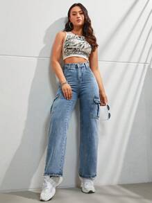 Calça Cargo Denim Casual e Estilosa com Vários Bolsos para Uso Diário Feminino