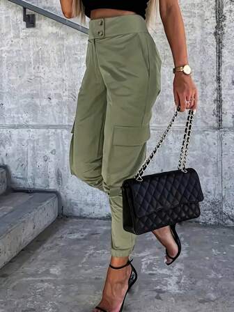 女式高腰橄榄绿色双纽扣工装慢跑裤