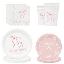 Set de 10 piezas/20 piezas/50 piezas/80 piezas de suministros para fiesta de cumpleaños con moños rosas, que incluye platos, servilletas, vasos y vajilla para decoración de fiesta de princesa o despedida de soltera - Multicolor - Ver 4