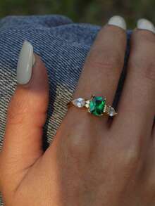 1pc Vintage Classic S925 Sterling Silver Square Green Cubic Zirconia Women's Ring, Engagement Wedding Party Daily Wear Gift - Gold - View 3