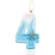 Bougies d'anniversaire Frozen, bougies chiffrées 4 en paillettes pour 4ème anniversaire, bougies chiffrées 4 en forme de flocons de neige pour gâteau, bougies et décorations de gâteau thème Frozen bleu et blanc pour fête d'anniversaire de fille, fournitures de fête