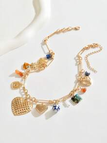 1 件时尚优质金色星星和月亮水晶心中国风陶瓷花彩色釉面天然石吊坠项链，适合派对、街头、节日穿着、礼物，可分层佩戴，颜色随机 - 彩色 - 查看 9