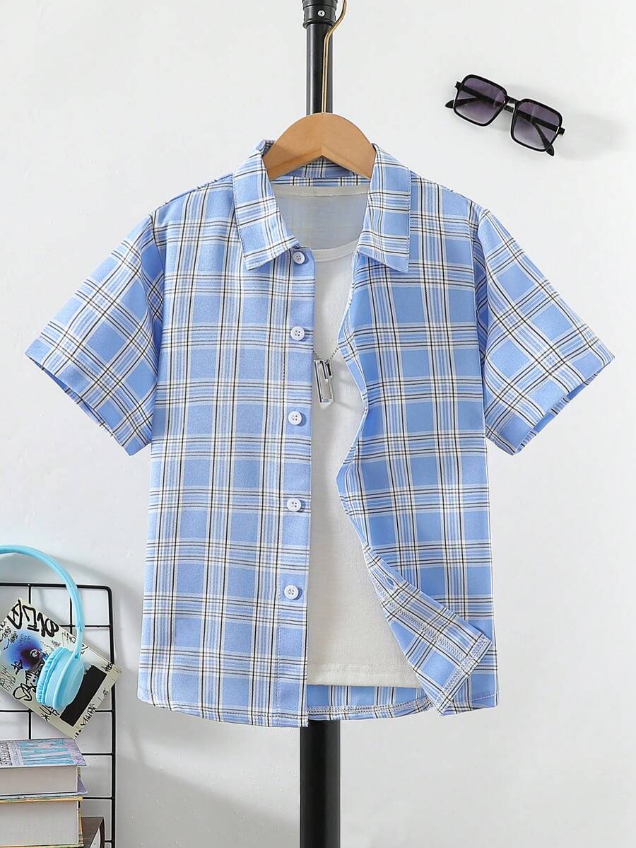 Boys' Casual Plaid Polo Collar Short Sleeve Shirt, Suitable For Daily Wear, Outing, Vacation, Party - Blue - View 1