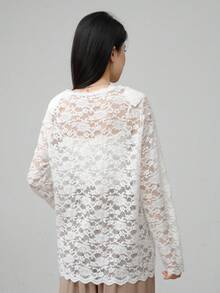Solid Lace Sheer Cutout Long Sleeve Blouse, Sweet & Top - White - View 5