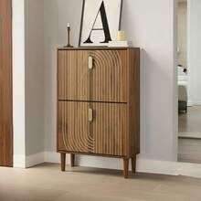 Shoe Storage Cabinet With 2 Flip Drawers,Free Standing Shoe Rack Organizer With Metal Handles For Entryway, Living Room Furniture, Brown