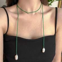 1 件女士时尚简约 100 厘米绿水晶人造珍珠串珠长项链，优雅适合夏季沙滩装和日常穿着