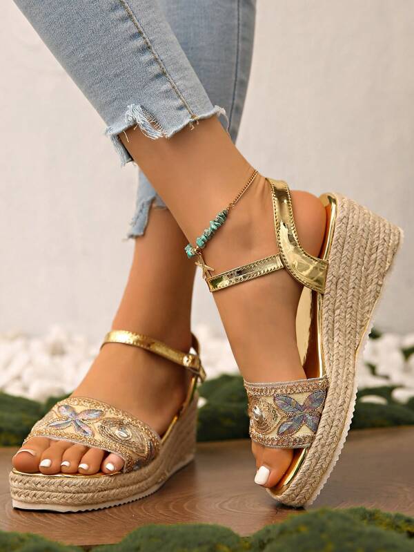 Summer Women's Wedge Heel Thick Sole Rhinestone Strappy Beach Sandals Casual Outdoor Shoes