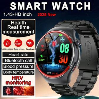 KENPANG 2025 新款男女 HRV 医用级智能手表，血压、血氧、睡眠健康监测智能手表，1.43 英寸（3.63 厘米）全屏触摸，具有无线通话、SOS 紧急呼叫、NFC 门禁、IP68 防水、150 多种运动模式、530mAh 电池超长续航时间，兼容 iOS/Android。