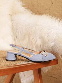 Women's Casual Metal Buckle Decor Round Toe Chunky Heel Slingback Pumps, Light Blue Color - Baby Blue - View 5
