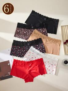 6 chiếc quần lót ren gợi cảm dành cho nữ, kiểu dáng nhỏ nhắn, cạp trung, kiểu tam giác che phủ toàn diện, thoải mái, không đường may, chất liệu lụa băng, phong cách mùa hè. - Nhiều màu - Xem 16