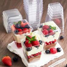 ¡Eid Mubarak! 5 piezas Taza de plástico transparente, taza cuadrada para mousses y postres con tapa y cuchara - Resistente, a prueba de fugas, perfecto para ensalada de frutas, helado, parfait de yogur, pudín, suministros para fiestas, accesorios de vajilla y picnics al aire libre