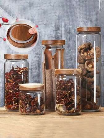 5/1 st. modieuze glazen voorraadpotten met houten deksels, ideaal voor het bewaren en conserveren van voedsel in de keuken, het bewaren van kruiden, snackcontainers, het bewaren van gedroogde goederen, glazen kruidenpotten, voedselbewaar- en organisatieset, voedselhuis/kampeerhuis, decoratief huis
