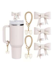 Kompatibel mit Cup-Zubehör – 3 Stücke 10-mm-Strohhalmaufsätze mit Schleife, kompatibel mit der Strohhalm-Abdeckkappe des Cups, 2 Stücke weiße Schleifenanhänger für 30- und 40-oz-Becher mit Griff, mehrere Farbkombinationen erhältlich