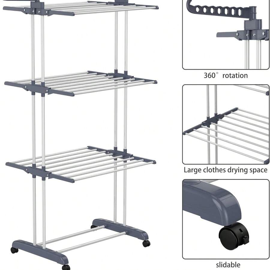 Senmeo 4-Tier Oversized Foldable Stainless Steel Drying Rack (24 Poles +14 Hooks), 60.7" High Movable Laundry Rack (4 Castors) For Home/Dorm/Hotel, Grey - Xám - Xem 1