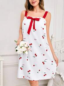Women's Cherry Fruit Print Camisole Slip Dress, Sleepwear & Lounge Wear With Bubble Ruffle, Built-In Bra And Princess Style, Moo Moo - Red - View 5
