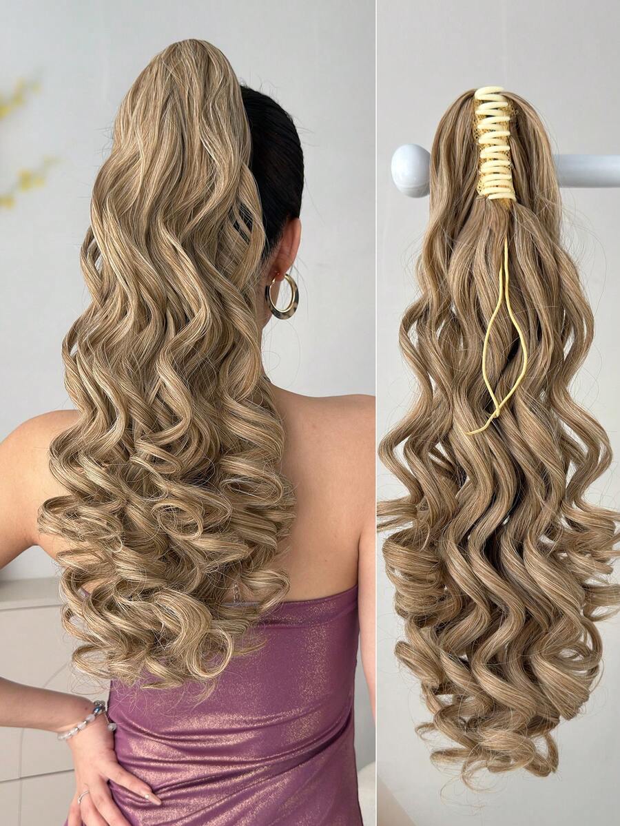 22-Inch Long Golden Wavy Curly Synthetic Ponytail Hair Extensions, Heat Resistant Fiber, Suitable For Women And Girls Daily Wear