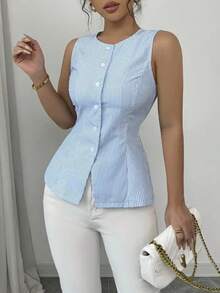 Women's Casual Striped Front Button Top, Summertime - Blue - View 4