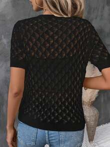 Top de punto de manga corta elegante y de color liso con diseño calado - Negro - Ver 3