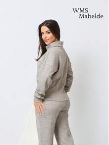 WMS Women's Woolen Ribbed Crew Neck Pants Set SimpleElegantCasualCutePocket - 淺灰色 - 查看 2