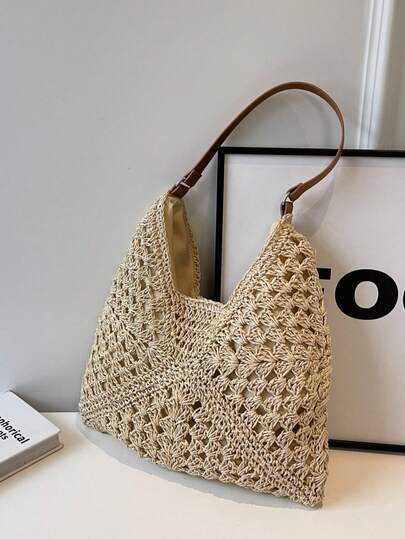 Large Capacity Portable Women's Woven Straw Shoulder Bag, Medium Handbag With Handle, Suitable For Teenage Girls, Women, College Students, Ideal For Beach Vacation. Also Suitable For School, University, Outdoor Activities, Travel, Picnic, Shopping, Beach Essentials, Summer Necessities, Latest Holiday Bag.