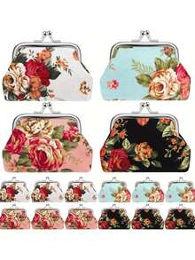 1/4/8 件复古玫瑰小钱包带扣，涤纶花帆布女士面料扣零钱包可爱小钱包小化妆包，适合日常使用、新娘礼物和派对礼物