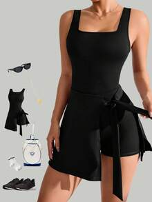 VVX Womens Tennis Dress Workout Golf Dress With Built In Shorts And Pockets Backless Twisted - Svart - Visa 3