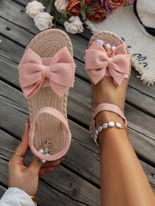 Women's Bow Decor Open Toe Flat Pink Sandals, Cute & Fashionable For Commute, Daily, Party, Summer, Satin Pink Comfortable Beach Shoes - Pink - View 4