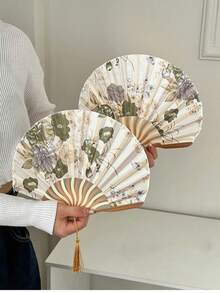 1 件中国风手持折扇，带流苏，水墨花卉图案，经典复古道具，夏季旅行便携式传统折扇，中国风舞蹈工艺扇，母亲节礼物和春夏派对夏季清凉、海滩、旅行的最佳选择