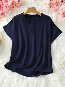 Plus Size Women's Solid Color Cut-Out Short Sleeve Shirt Summer - Navy Blue - View 3