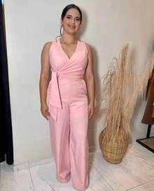 Long Wrap Jumpsuit With V-Neckline - Light Pink - View 1