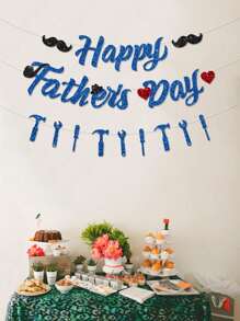 1pc Blue Glitter "Happy Father's Day" Banner With Beard, Wrench, Pipe And Top Hat Pattern, Party Decoration